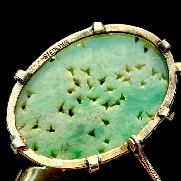 🌺RARE Vintage Sterling/Gold Jadeite Flower Brooch - Picture 13 of 16